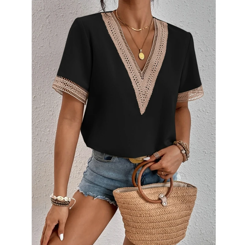 Women'S V-Neck Tops Lace Blouse Commuter Loose Short Sleeve Shirt Female Summer British Style Casual Tops
Women'S V-Neck Tops Lace Blouse Commuter Loose Short Sleeve Shirt Female Summer British Style Casual Tops