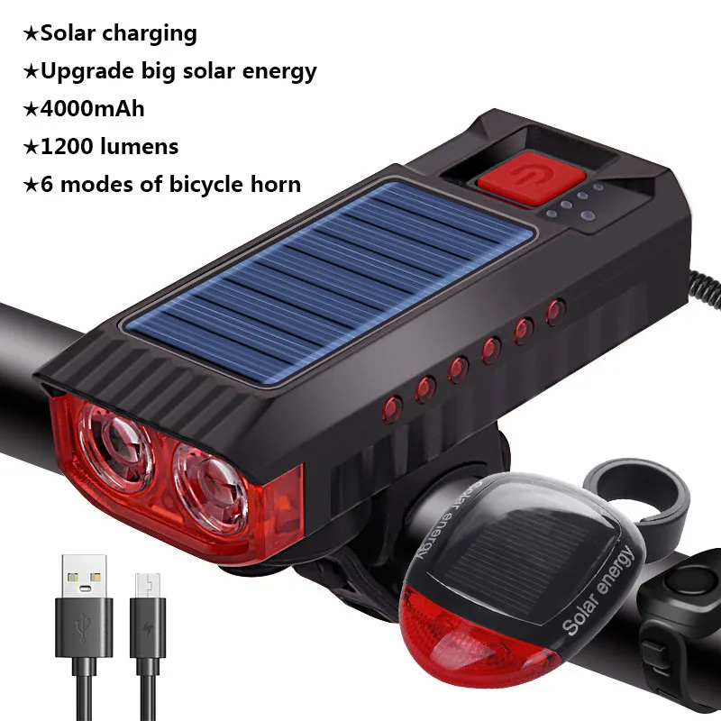 4000mAh Bicycle Light 1200 Lumen Bike Headlight Solar Flashlight Handlebar Bike Bell USB Charging MTB Road Cycling Highlight
4000mAh Bicycle Light 1200 Lumen Bike Headlight Solar Flashlight Handlebar Bike Bell USB Charging MTB Road Cycling Highlight