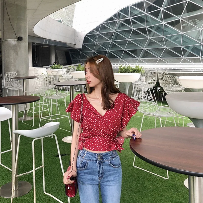 Dot Print Elegant Chiffon Blouse Women Ruffles Lace Up Nipped Waist Short Sleeve Blouse Sexy V-Neck Shirt
Dot Print Elegant Chiffon Blouse Women Ruffles Lace Up Nipped Waist Short Sleeve Blouse Sexy V-Neck Shirt