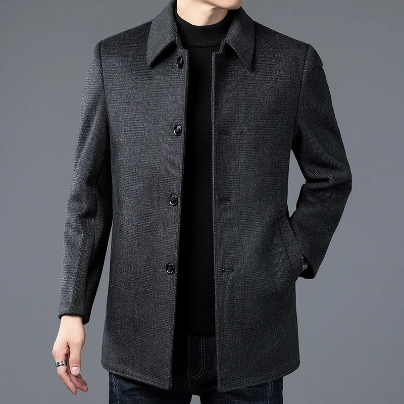 with New down jacket thickened inner liner, woolen overcoat, men's stripe, warm insulation, wool one-sided cloth, medium length
with New down jacket thickened inner liner, woolen overcoat, men's stripe, warm insulation, wool one-sided cloth, medium length