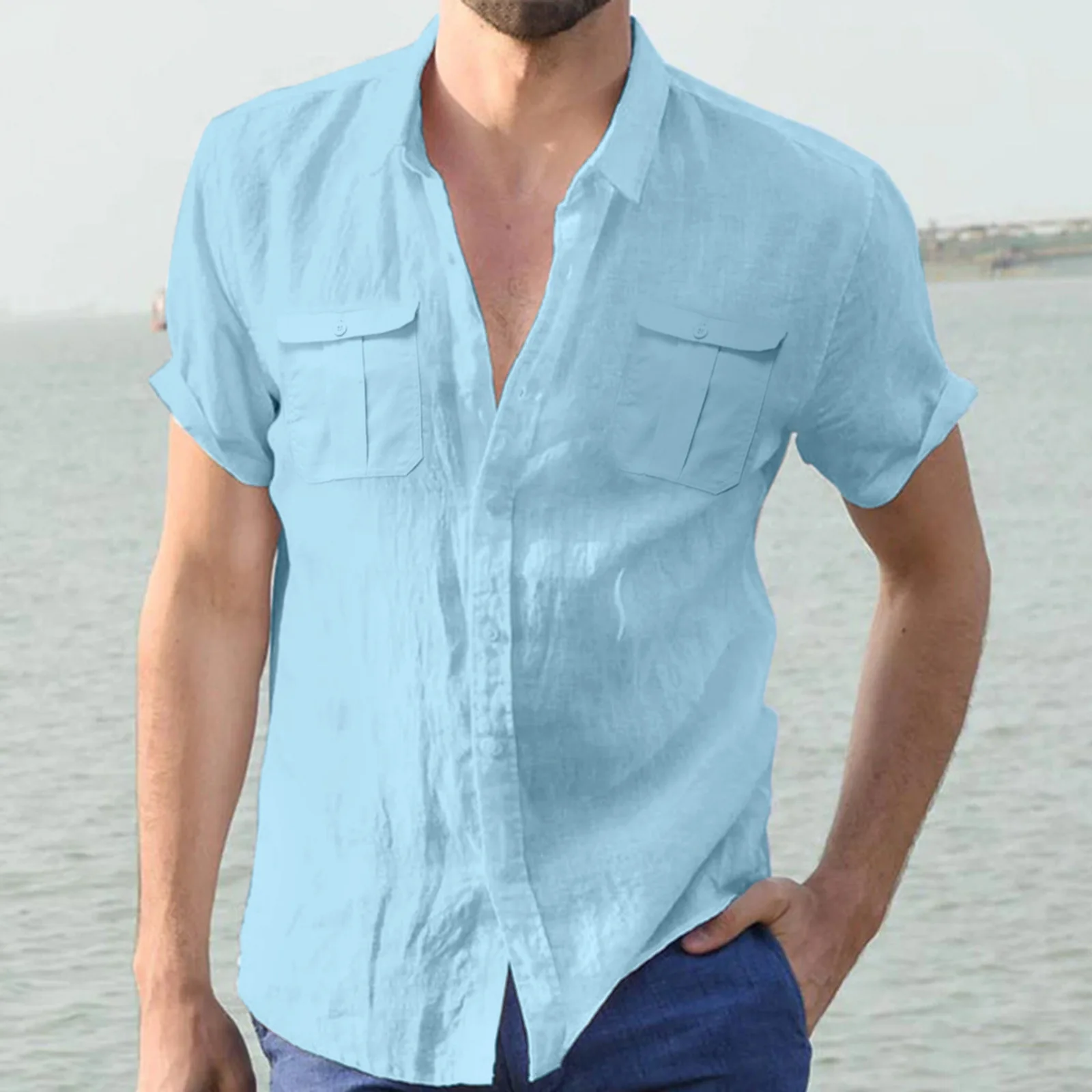 Mens Fashion Clothing Trends Linen Shirts Summer Turn Down Collar Short Sleeve Tops Solid Color Double Pockets Men Shirt
Mens Fashion Clothing Trends Linen Shirts Summer Turn Down Collar Short Sleeve Tops Solid Color Double Pockets Men Shirt