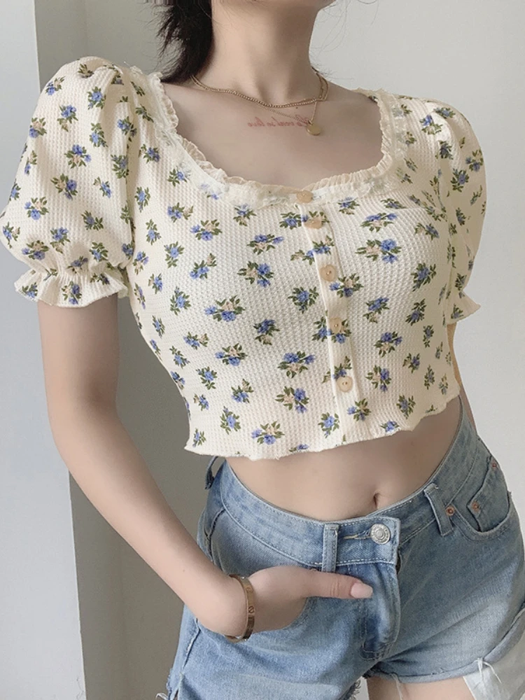 Floral Tshirts for Women Crop Top Minimalism Navel Button Puff Sleeves Tee Sweet Summer Y2k Top Fashion Shirts Female Clothing
Floral Tshirts for Women Crop Top Minimalism Navel Button Puff Sleeves Tee Sweet Summer Y2k Top Fashion Shirts Female Clothing