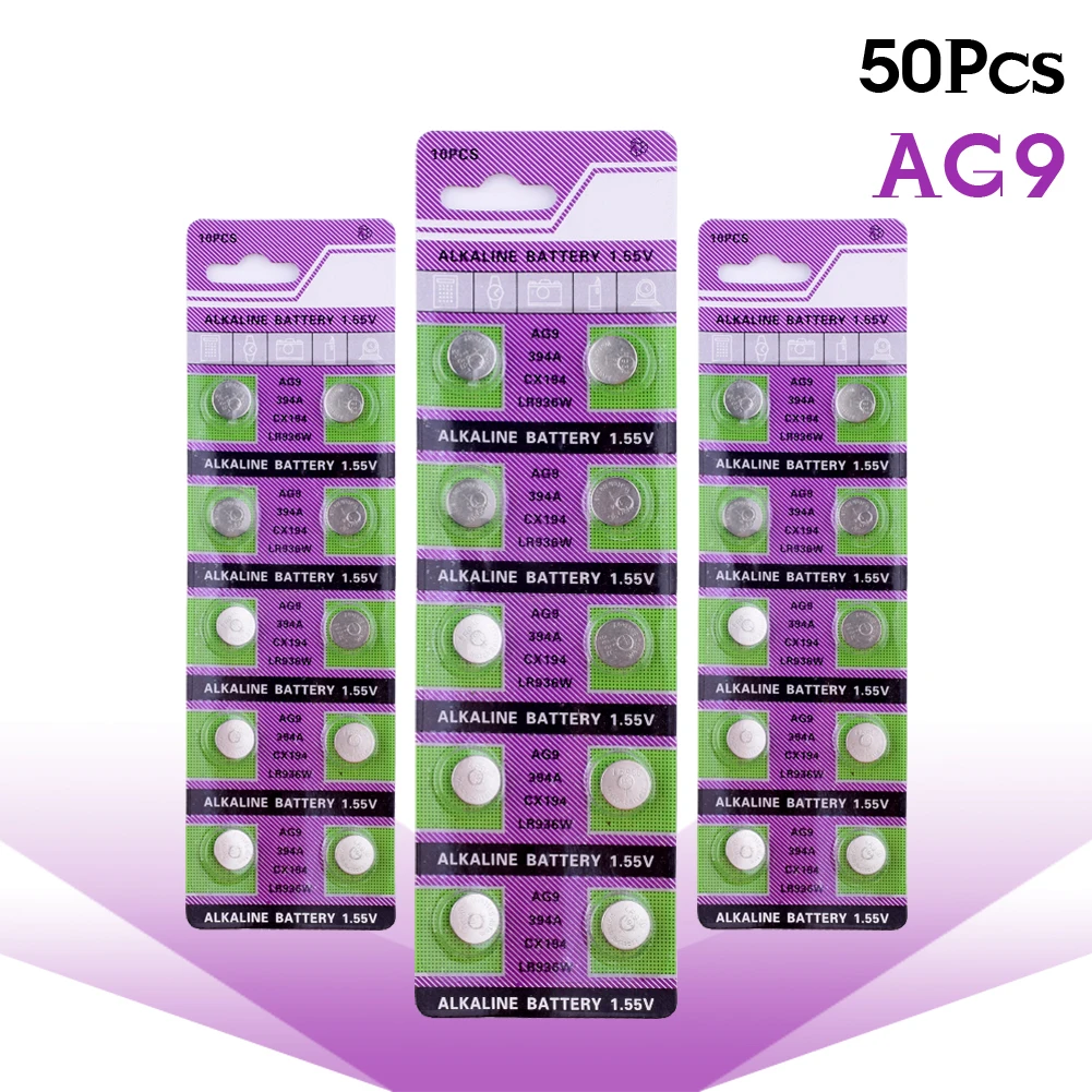 YCDC Button Battery 50PCS 1.55V AG9 LR936 Alkaline Cell Coin Battery AG 9 LR936W 394 194 SR936SW CX194 394A For Watches Toys
YCDC Button Battery 50PCS 1.55V AG9 LR936 Alkaline Cell Coin Battery AG 9 LR936W 394 194 SR936SW CX194 394A For Watches Toys
