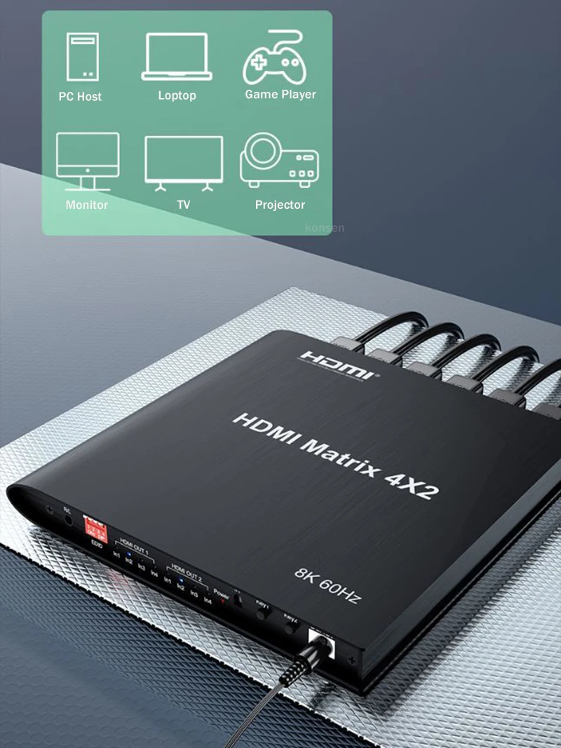 Матрица 4 HDMI/2 HDMI, 8K, 60 Гц, HDR, матрица 4x2, 4K, 120 Гц, профессиональный разветвитель, hdcp2,3, для PS4, HDTV, ПК, мониторов
Матрица 4 HDMI/2 HDMI, 8K, 60 Гц, HDR, матрица 4x2, 4K, 120 Гц, профессиональный разветвитель, hdcp2,3, для PS4, HDTV, ПК, мониторов