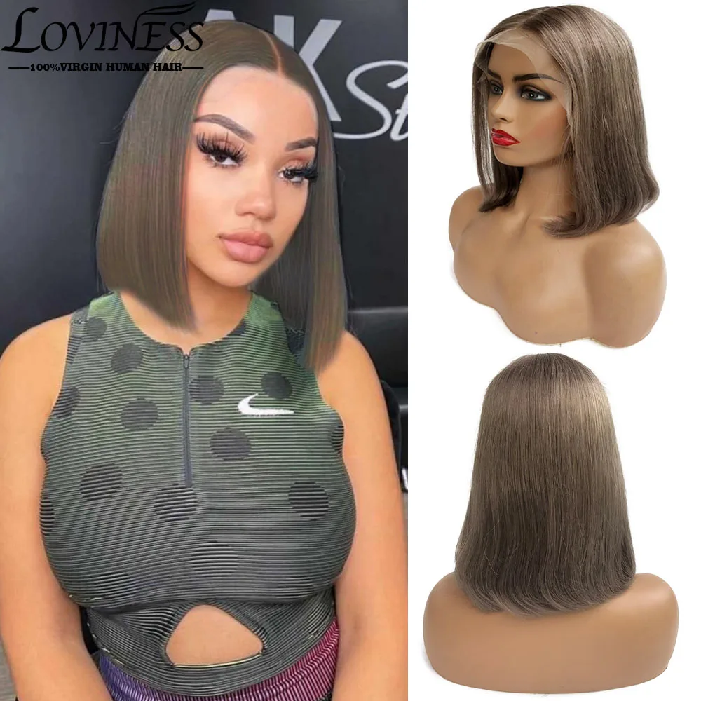 

Glueless Ash Brown 13x1 T Part Bob Human Hair Wig Straight Pre Plucked Swiss Lace Front Short Blunt Cut Bob Wig With Baby Hair