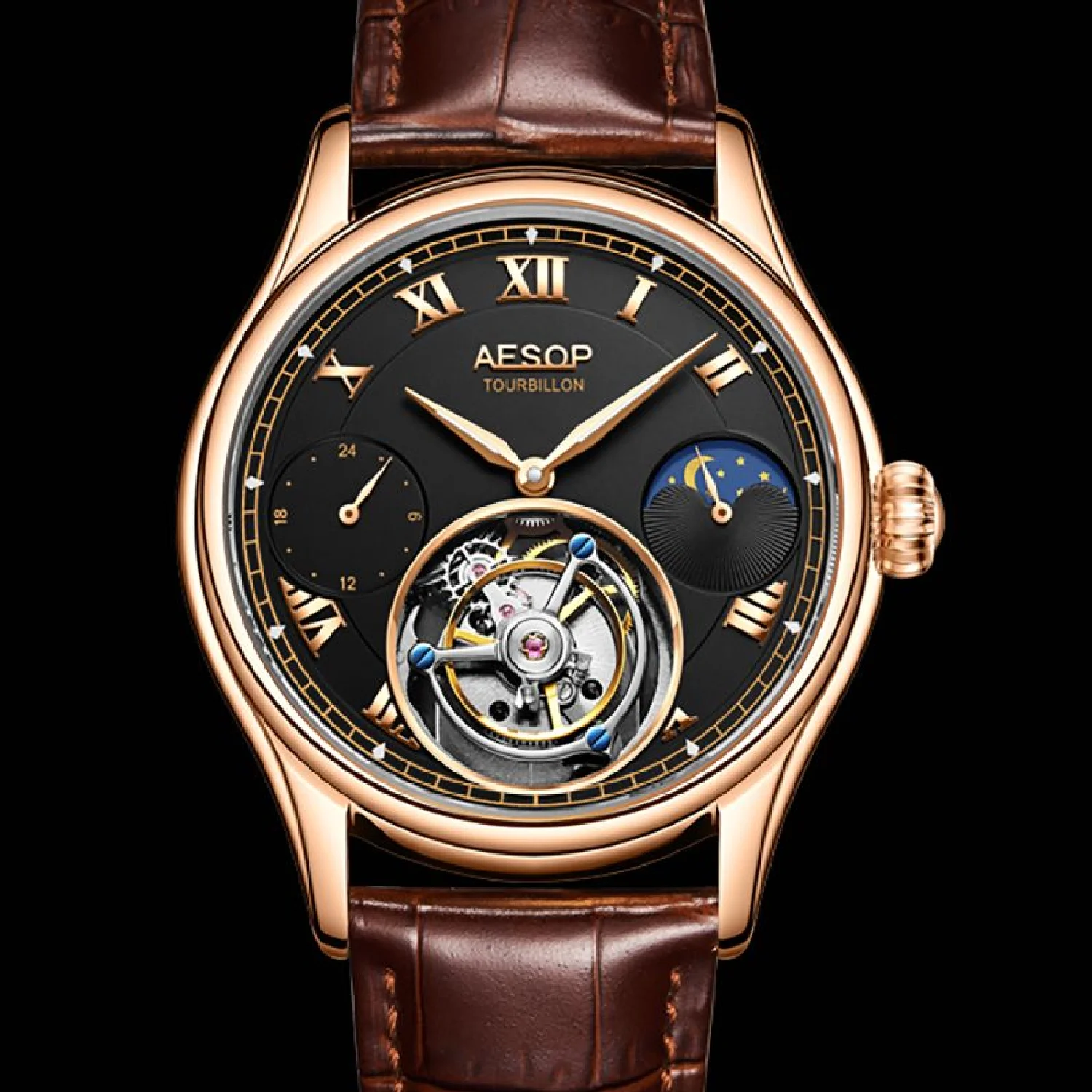AESOP Flying Tourbillon Men's Mechanical Watch Watches Male Leather Gold Skeleton Watch for Men Man Luxury Clock Kit
AESOP Flying Tourbillon Men's Mechanical Watch Watches Male Leather Gold Skeleton Watch for Men Man Luxury Clock Kit
