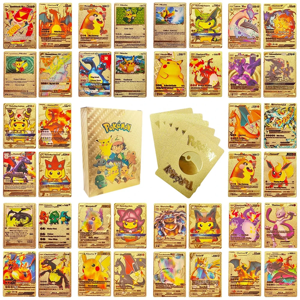 

Pokemon Gold Pikachu Cards Box Golden Silver Spanish/English/French Playing Cards Charizard Vmax Gx Game Card Boy Gift