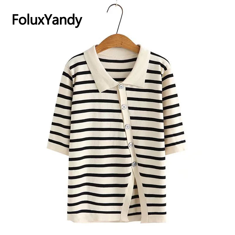 Turn Down Collar Knitted Women Summer Tops Plus Size Tops Asymmetrical Striped Casual Short Sleeve T-shirts KKFY6172
Turn Down Collar Knitted Women Summer Tops Plus Size Tops Asymmetrical Striped Casual Short Sleeve T-shirts KKFY6172