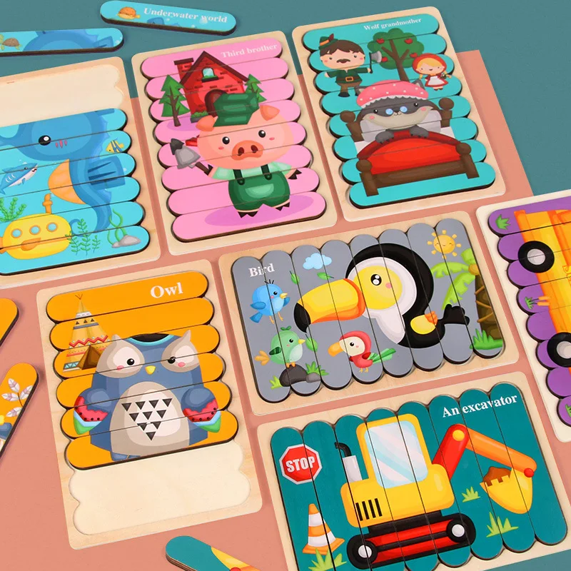 

Игрушка Монтессори, креативный деревянный пазл для раннего развития детей, Мультяшные животные, фрукты, двусторонний пазл для детей, игрушки