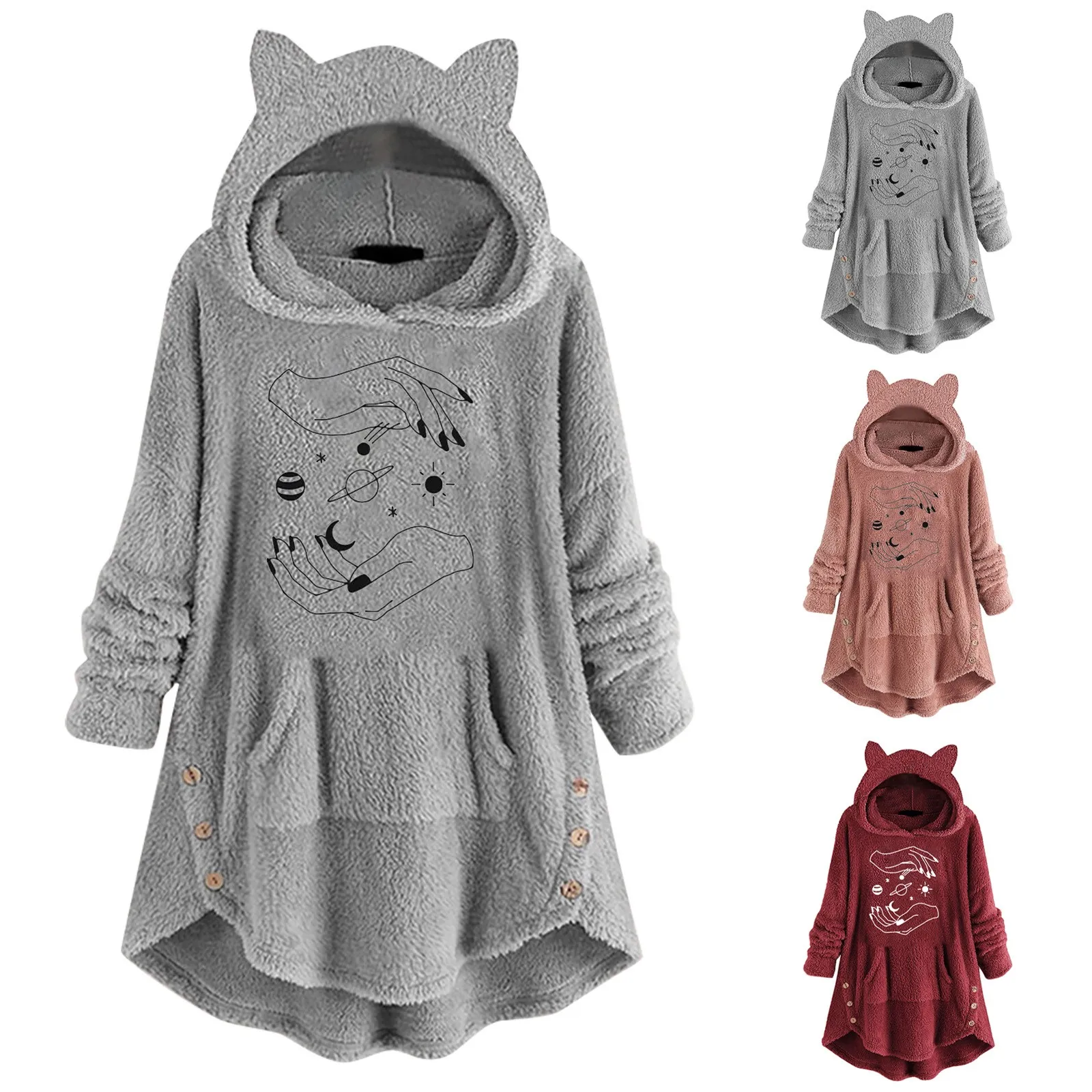 Women's Long Sleeve Cat Ear Hat Hoodie Fleece Cute Print Top With Button Pockets Lady Sweatshirt Dress
Women's Long Sleeve Cat Ear Hat Hoodie Fleece Cute Print Top With Button Pockets Lady Sweatshirt Dress