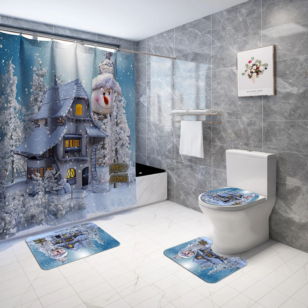 

Snowy Wooden Cabin Xmas Shower Curtain Sets Cedar Trees Christmas Snowman Bath Curtains Non-Slip Rugs Toilet Lid Cover Bath Mat