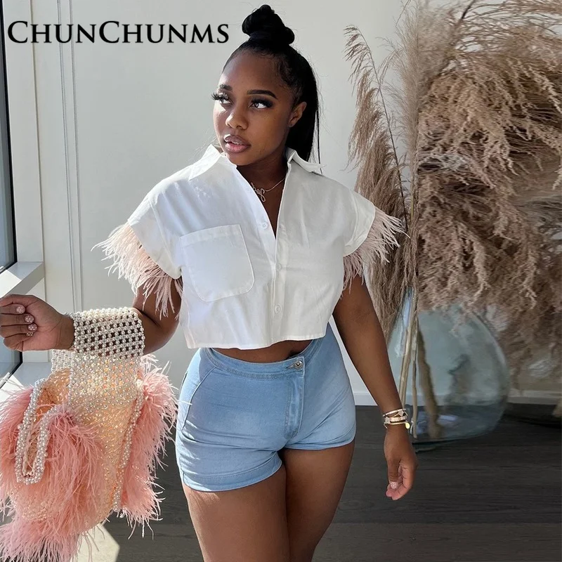 Fashion Chicken Feather Decoration Short Sleeve Shirt For Women Summer Trend Y2K Tops Streetwear Crop Blouse 2022 Casual Clothes
Fashion Chicken Feather Decoration Short Sleeve Shirt For Women Summer Trend Y2K Tops Streetwear Crop Blouse 2022 Casual Clothes