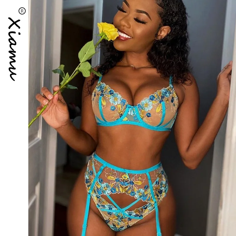 

Sexy Underwear Set Lingerie Floral Embroidery Short Skin Care Kits Push Up Underwire Brief Sets Garters Fancy Intimate
