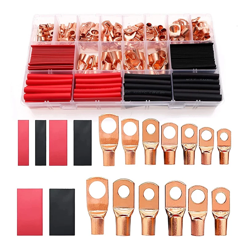 

280Pcs Copper Wire Terminal Connectors With Heat Shrink Set Include Battery Cable Lugs Ends Bare Copper Eyelets Tubular