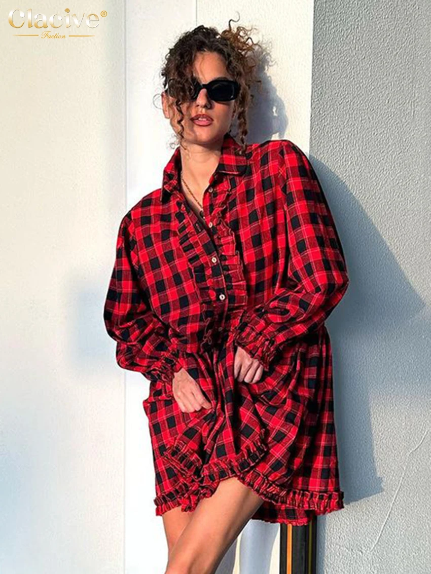Модное свободное клетчатое женское платье Clacive 2024, Элегантные мини-платья с отворотом и длинным рукавом, винтажное классическое женское платье с оборками