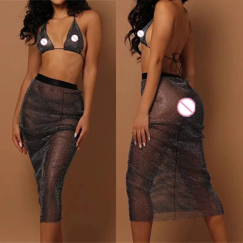 Women Solid Sexy See Through Skirts Two Piece Set Halter Bra Sensual Vest Glitter Rhinestone Hollow Out Dress Suit
Women Solid Sexy See Through Skirts Two Piece Set Halter Bra Sensual Vest Glitter Rhinestone Hollow Out Dress Suit