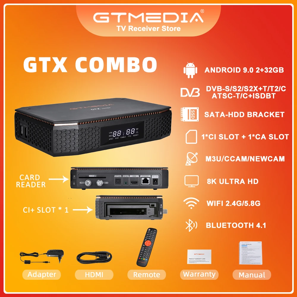 

GTmedia GTX COMBO 8K 4K UHD H.256 Android 2+32G Smart TV BOX DVB-S/S2/S2X T2/C Decoder CA/CI Slot 5G WIFI Buletooth 4.1 GTplayer
