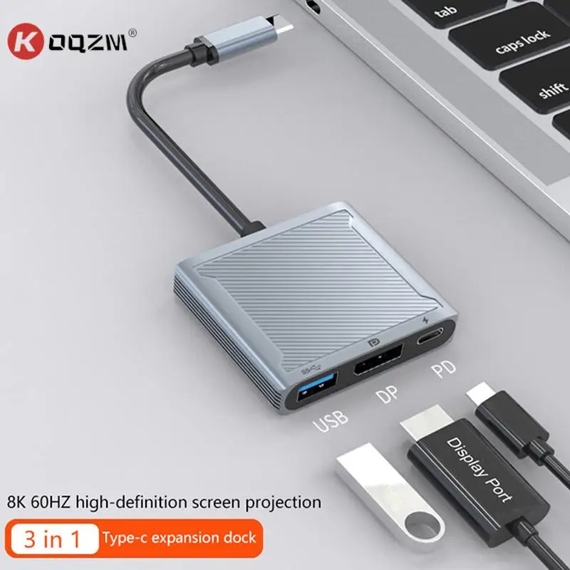 

8K 60Hz DP 3 in 1 Hub Adapter USB C to Displayport 4K@120 Type C PD 100W Charge Extender Display Port HUB For MacBook Air Pro