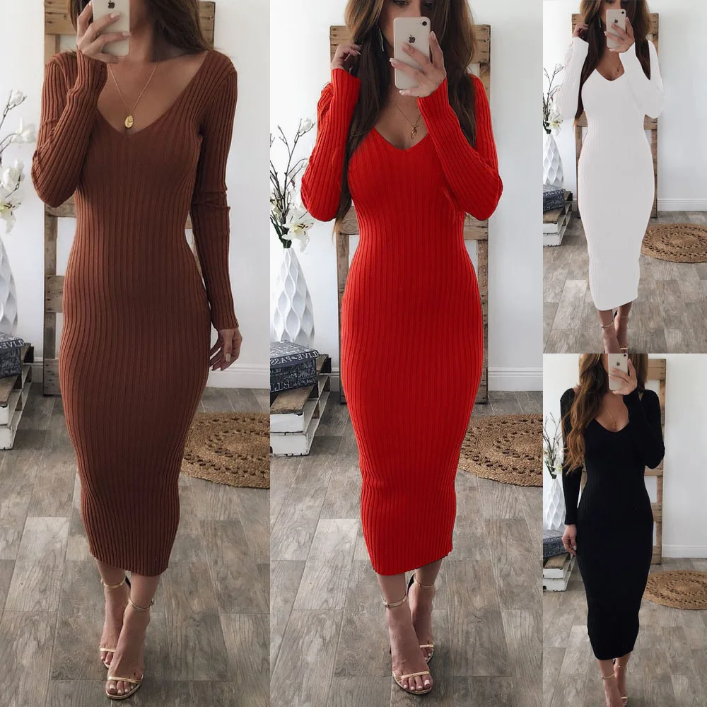 Sexy Women Bodycon Dress Round Neck Long Sleeve Solid Color Striped Dress Vestidos De Mujer 
Sexy Women Bodycon Dress Round Neck Long Sleeve Solid Color Striped Dress Vestidos De Mujer
