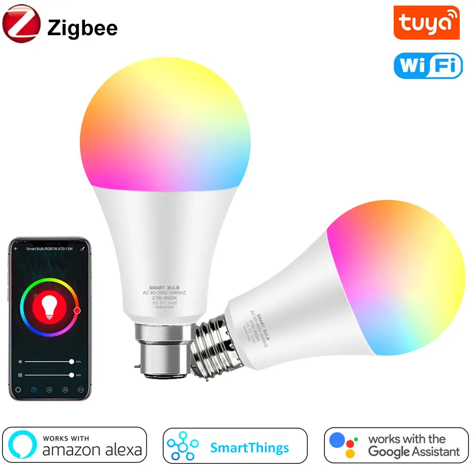 Светодиодные лампы Tuya Smart Life с Wi-Fi/Zigbee, E27, B22, 12 Вт, 15 Вт, умная лампа RGB + CW + WW, 110 В, 220 В, волшебная работа с Alexa, Google Home
Светодиодные лампы Tuya Smart Life с Wi-Fi/Zigbee, E27, B22, 12 Вт, 15 Вт, умная лампа RGB + CW + WW, 110 В, 220 В, волшебная работа с Alexa, Google Home