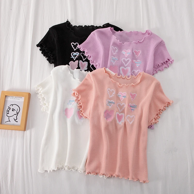 Korean Slim Fungus Edge Short Sleeve T-Shirt Crop Tops Women's 2022 Summer New Girl Sweet Embroidered Knitted Sweater Blouse
Korean Slim Fungus Edge Short Sleeve T-Shirt Crop Tops Women's 2022 Summer New Girl Sweet Embroidered Knitted Sweater Blouse