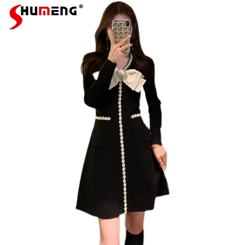 Sweet Black Bow Pearl Knitted Bottoming Sweater Dress Female 2022 Spring Winter New Arrivel V-neck Mini Knitted Dress for Women
Sweet Black Bow Pearl Knitted Bottoming Sweater Dress Female 2022 Spring Winter New Arrivel V-neck Mini Knitted Dress for Women