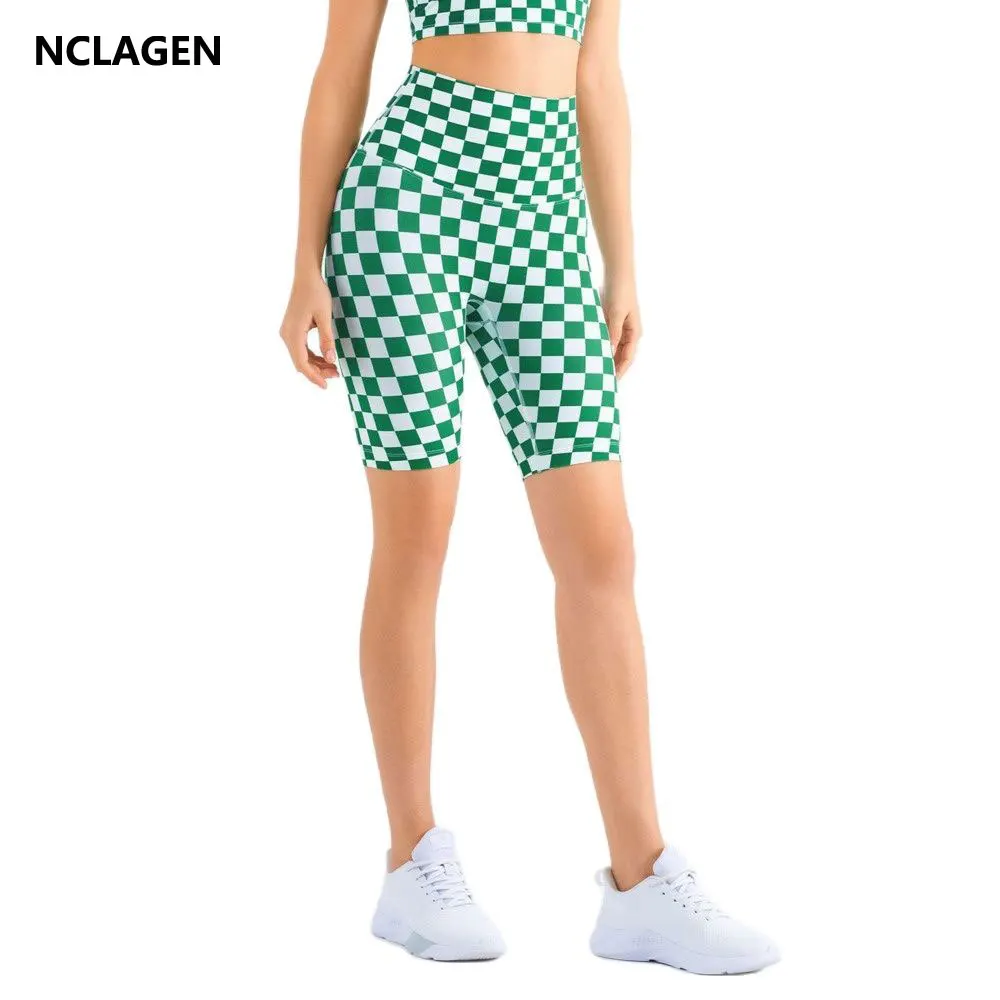 

NCLAGEN Women Sports Shorts High Waist Checkerboard Yoga Capris NO Front Seam Fitness Leggings GYM Workout Elastic Yoga bottoms