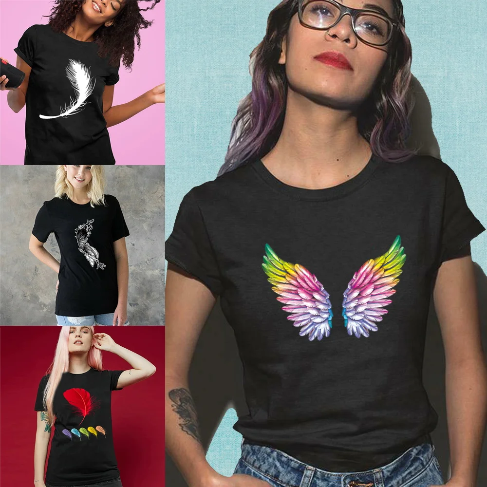 Casual Fashion T-shirt Feather Print Short Sleeve Elastic O-neck Pullover 2022 Women Summer All-match Commuter Top Trend Clothes
Casual Fashion T-shirt Feather Print Short Sleeve Elastic O-neck Pullover 2022 Women Summer All-match Commuter Top Trend Clothes