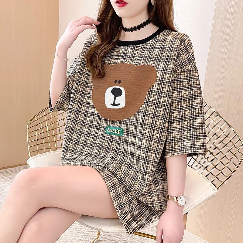 Loose Mid-length Plaid Flocking Bear Short-sleeved T-shirt Women's Trendy streetwear fashion top kawaii t shirt women
Loose Mid-length Plaid Flocking Bear Short-sleeved T-shirt Women's Trendy streetwear fashion top kawaii t shirt women