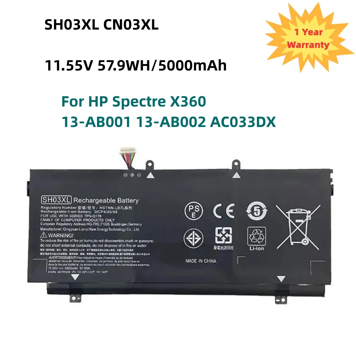 

New SH03XL CN03XL 859026-421 859356-855 HSTNN-LB7L TPN-Q178 Battery For HP Spectre X360 13-AB001 13-AB002 AC033DX 11.55V 5000mAh