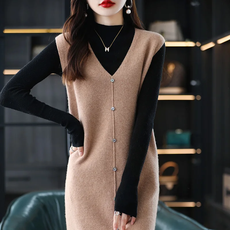 Women Dress Sleeveless Hot Sale V-neck 100% Pure Wool Pullovers Female Knitwears Soft Warm Woolen Dresses
Women Dress Sleeveless Hot Sale V-neck 100% Pure Wool Pullovers Female Knitwears Soft Warm Woolen Dresses
