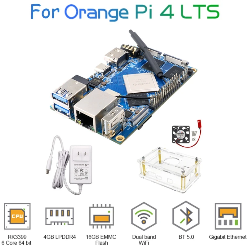 

For Orange Pi 4 LTS 4GB Rockchip RK3399 16GB EMMC Development Board+5V4A Power Supply+Acrylic Case+Cooling Fan