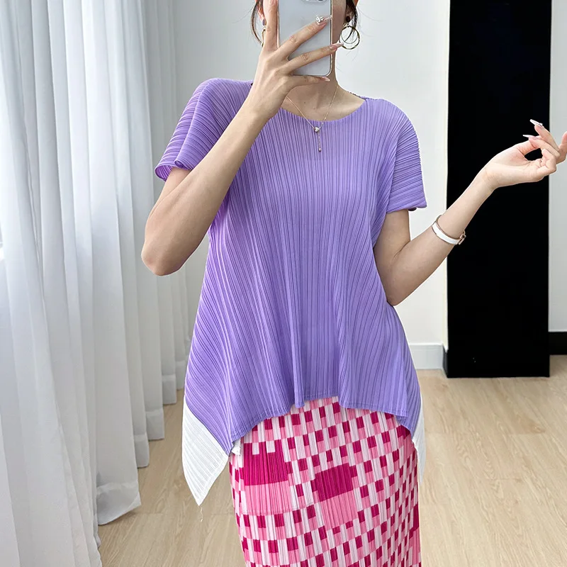 Miyake Irregular Color Matching Top Women Summer Short Sleeve 2023 New Pleated Large Size Round Neck T-shirt Loose All-Matching
Miyake Irregular Color Matching Top Women Summer Short Sleeve 2023 New Pleated Large Size Round Neck T-shirt Loose All-Matching