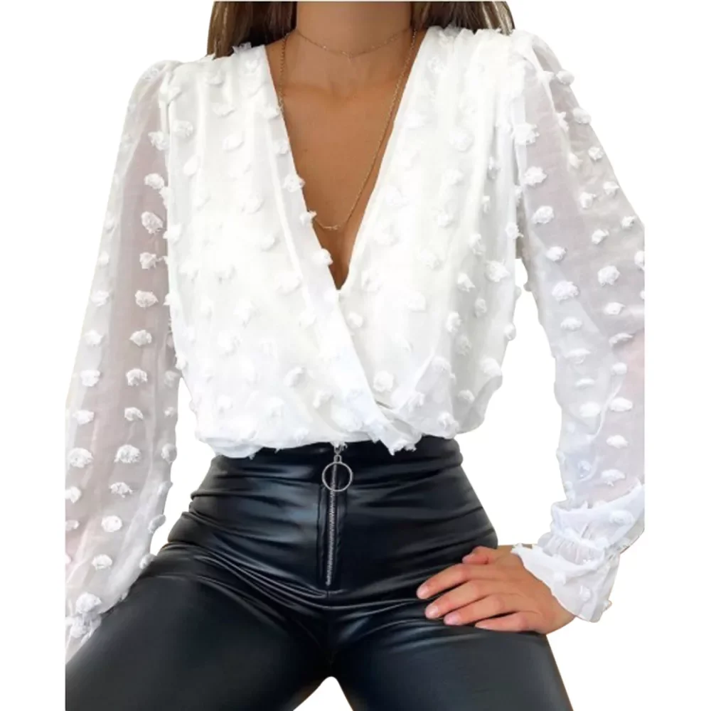 Spring Women Deep V Neck Top White Jacquard Fashion Shirt Female Long Sleeve Chic Shirt Sexy Polka Dot Solid Color Mesh Blouses
Spring Women Deep V Neck Top White Jacquard Fashion Shirt Female Long Sleeve Chic Shirt Sexy Polka Dot Solid Color Mesh Blouses