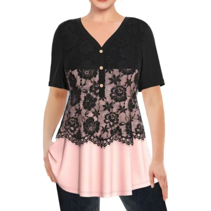 Plus Size Women's T-Shirt Fashion Patchwork Short Sleeve Tee Loose Casual Female Clothing Lace V Neck Summer T Shirt Ladies Tops 
Plus Size Women's T-Shirt Fashion Patchwork Short Sleeve Tee Loose Casual Female Clothing Lace V Neck Summer T Shirt Ladies Tops