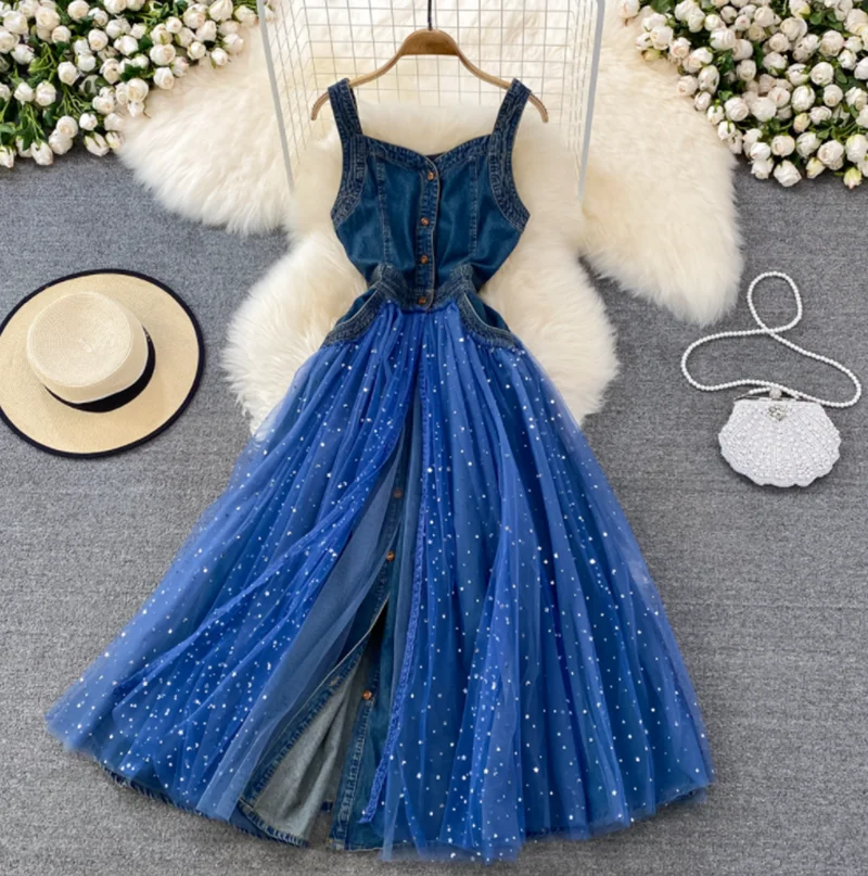 Denim Vest Dress Women 2022 Summer Single-breasted Denim Mesh Stitching Long Dress Beach Vacation Blue Dress Women
Denim Vest Dress Women 2022 Summer Single-breasted Denim Mesh Stitching Long Dress Beach Vacation Blue Dress Women