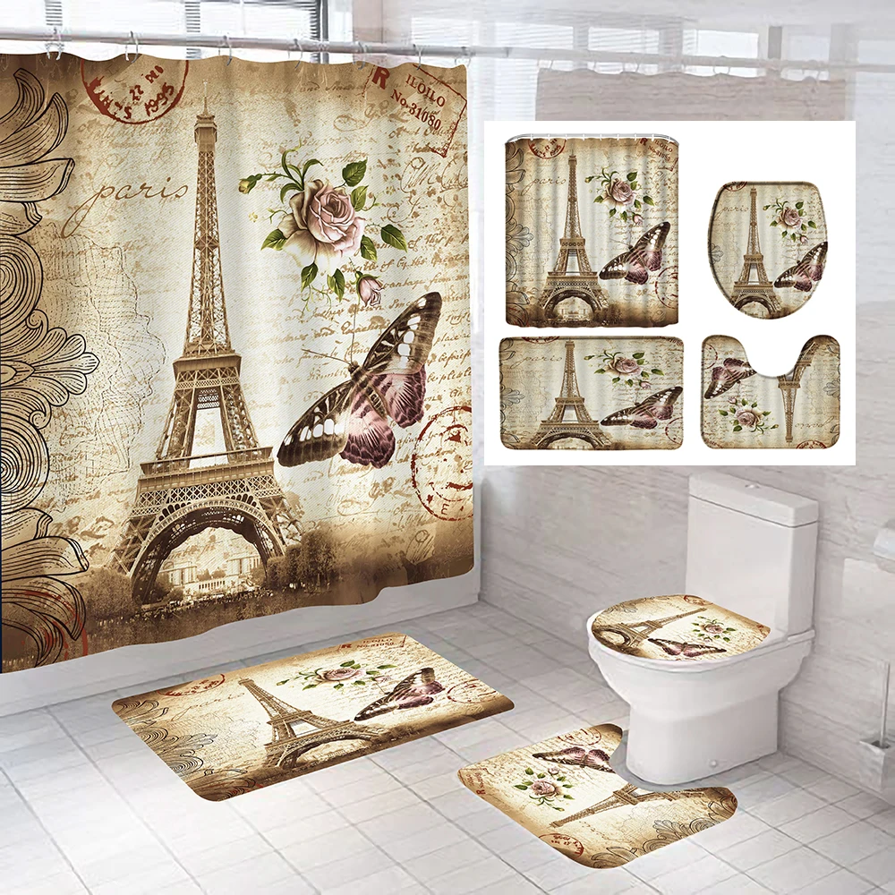 

Paris Tower Landscape 3D Waterproof Shower Curtains Bathroom Curtain Sets Anti Slip Pedestal Rug Lid Toilet Cover Bath Mat Set