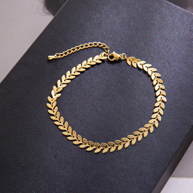 Fashion Simple Stainless Steel Leaf Beach Bracelets For Women Holiday Gift Retro Gold Wheat Ear Chain Foot Jewelry Accessories
Fashion Simple Stainless Steel Leaf Beach Bracelets For Women Holiday Gift Retro Gold Wheat Ear Chain Foot Jewelry Accessories