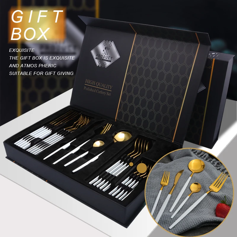 24pcs Covered Gold Dinnerware Set Knife Fork Spoon Flatware Set Silverware Stainless Steel Gift Box Dishwasher Safe Tableware
24pcs Covered Gold Dinnerware Set Knife Fork Spoon Flatware Set Silverware Stainless Steel Gift Box Dishwasher Safe Tableware
