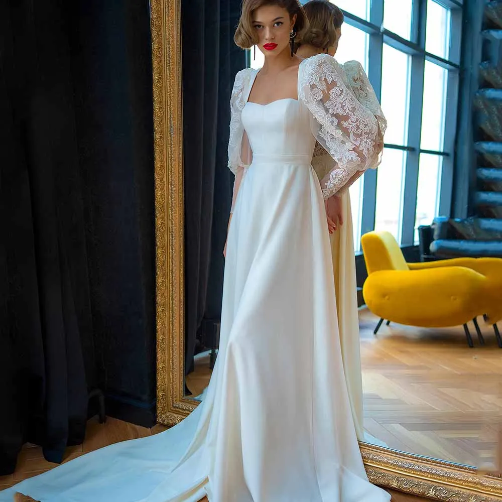 Classic Wedding Dresses Square Collar Long Pufff Applqiue Sleeves Backless Bride Gown Jersey Court Train A-Line Vestido De Noiva
Classic Wedding Dresses Square Collar Long Pufff Applqiue Sleeves Backless Bride Gown Jersey Court Train A-Line Vestido De Noiva