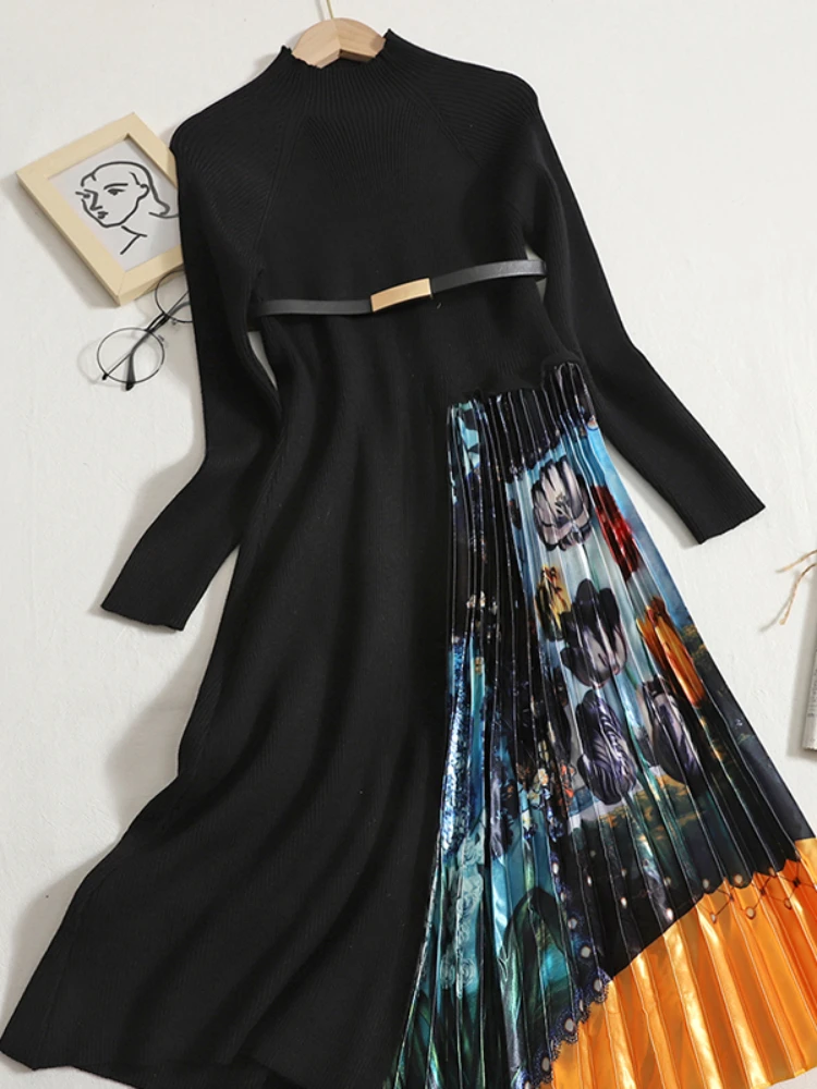 Fall Ladies Vintage Knitted Sweater Dress with Belt Long Sleeves Dress Woolen Stitching Pleated printed Women Commuter Dress
Fall Ladies Vintage Knitted Sweater Dress with Belt Long Sleeves Dress Woolen Stitching Pleated printed Women Commuter Dress