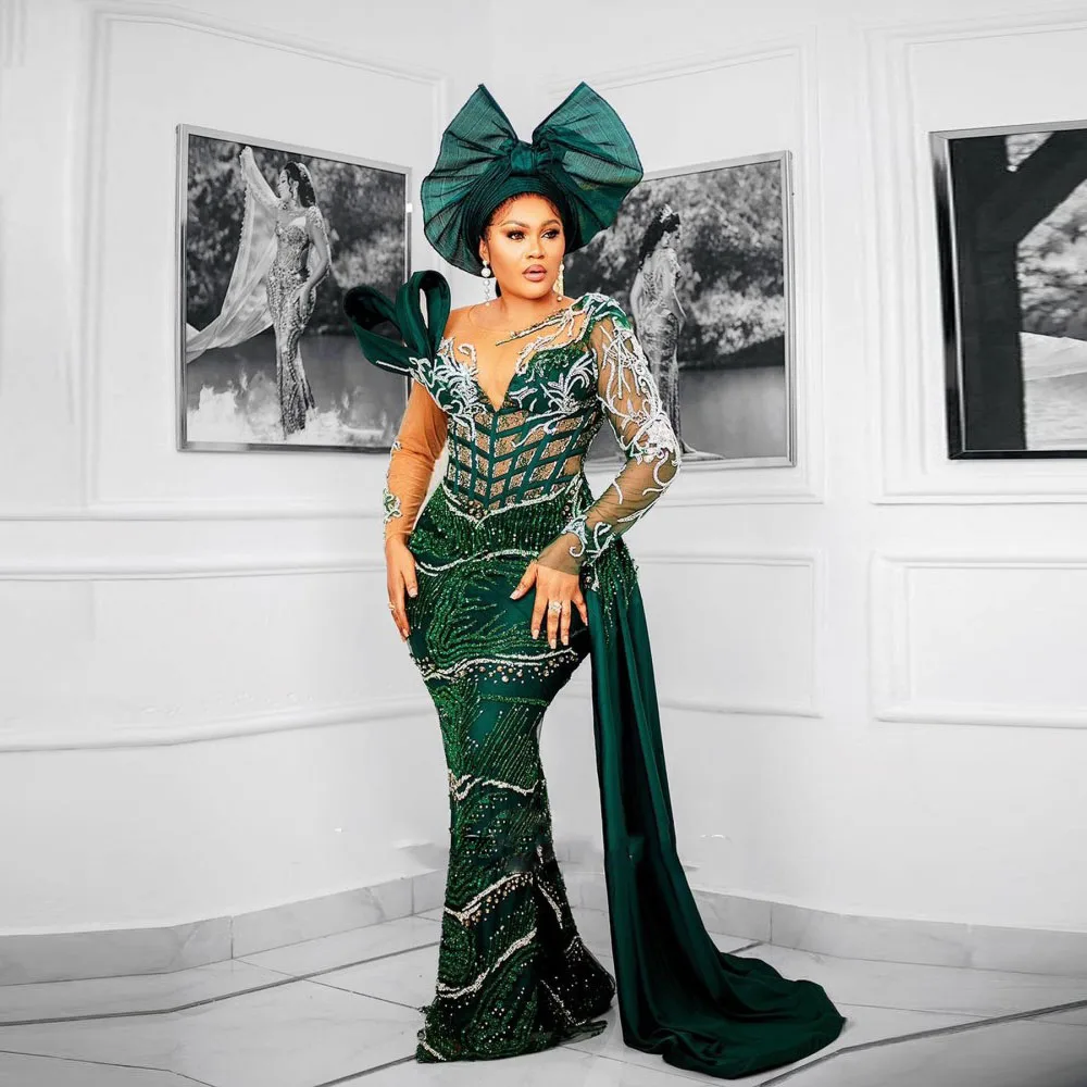 

African Hunter Green Evening Dress Crystal Applique Evening Gowns Long Sleeves Vestidos Formales Beading Formal Dresses Overlay