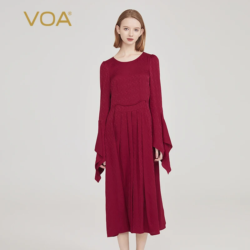 VOA Jacquard Silk Sunset Wine Red O-neck Horn Long Sleeve Dresses Women Asymmetric Organ Pleated Silk Party Long Dress AE2079
VOA Jacquard Silk Sunset Wine Red O-neck Horn Long Sleeve Dresses Women Asymmetric Organ Pleated Silk Party Long Dress AE2079