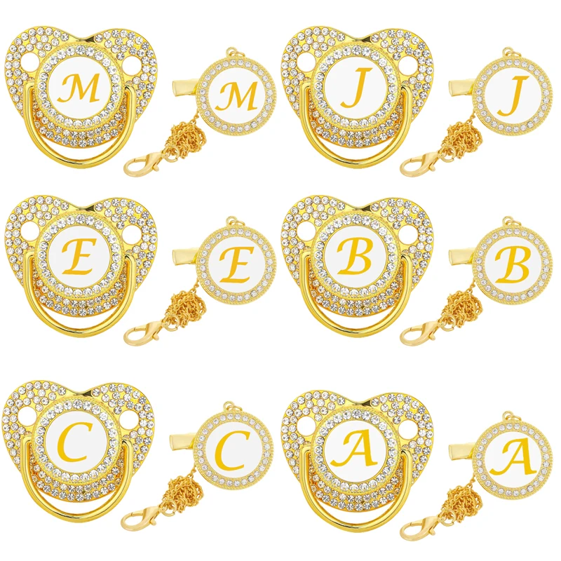 Gold Color Zircon Baby Pacifier Chain Clip Lid Silicone Boys Nipple Name Initial Newborn Personalized Pacifiers Holder 3Pcs/set
Gold Color Zircon Baby Pacifier Chain Clip Lid Silicone Boys Nipple Name Initial Newborn Personalized Pacifiers Holder 3Pcs/set