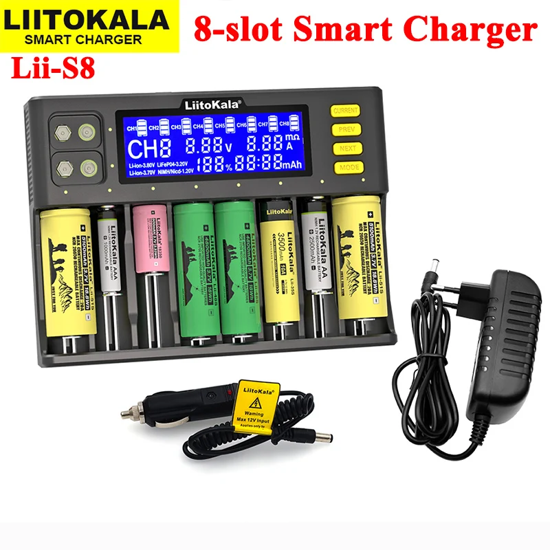 2023 LiitoKala Lii-S8 Battery Charger Li-ion 3.7V NiMH 1.2V Li-FePO4 3.2V IMR 3.8V Charger for 18650 26650 21700 26700 AA AAA
2023 LiitoKala Lii-S8 Battery Charger Li-ion 3.7V NiMH 1.2V Li-FePO4 3.2V IMR 3.8V Charger for 18650 26650 21700 26700 AA AAA