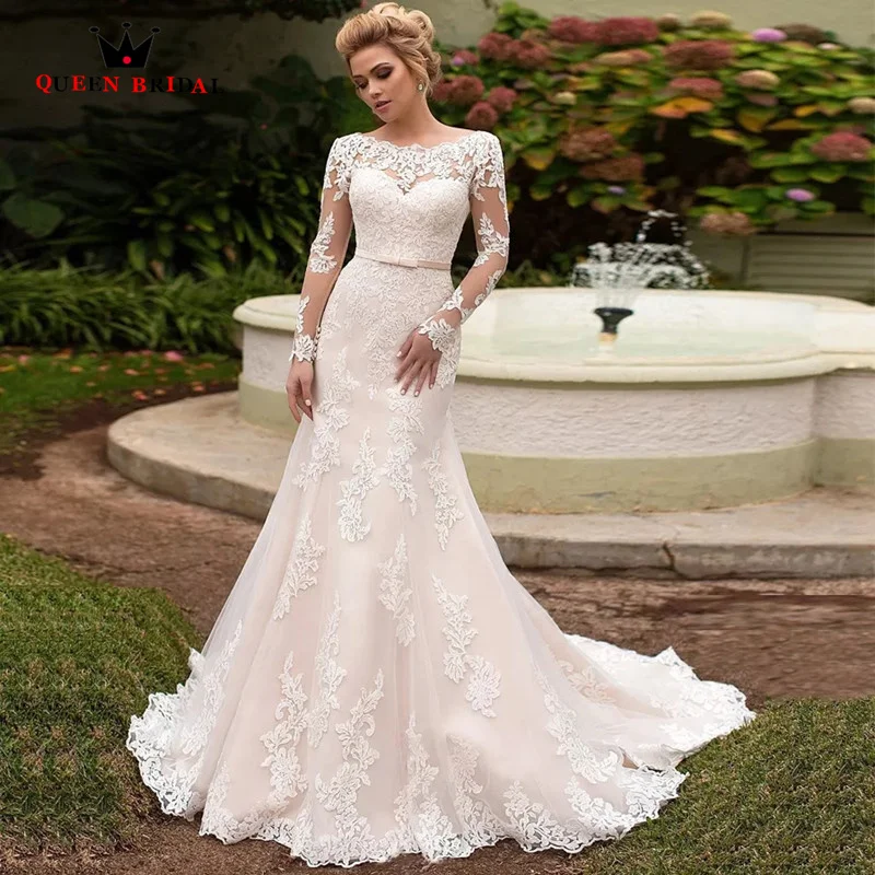 Elegant Long Sleeves Bride Dresses Scoop Neck Lace-up back Tulle Mermaid Wedding Dress Lace Vestidos De Novia ZQ03
Elegant Long Sleeves Bride Dresses Scoop Neck Lace-up back Tulle Mermaid Wedding Dress Lace Vestidos De Novia ZQ03