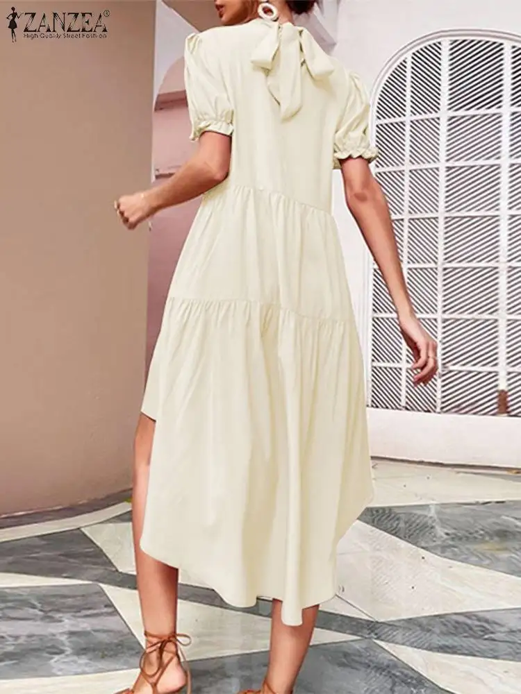 

Платье ZANZEA с высоким воротником и буффами на рукавах, модные женские Асимметричные мини-платья с высоким и низким воротником, летние однотонные многоярусные платья 2023