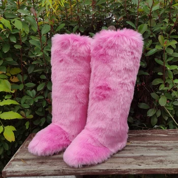 2023 Winter Thigh High Fluffy Boots Ladies Furry Faux Fox Fur Long Warm Shoes Women New Designer Plush Knee High Fur Boots Girls