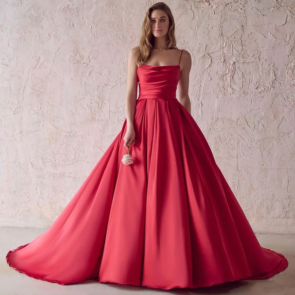 

Новое поступление, красное бальное платье без рукавов на тонких бретельках, свадебное платье 2023, официальная одежда для невесты, матовое атласное платье со шлейфом и открытой спиной для часовни