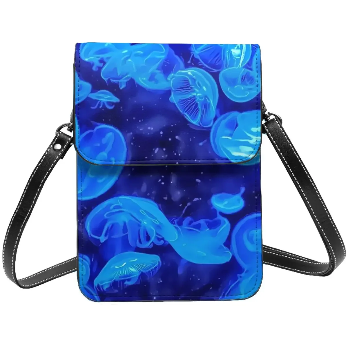 

Tropical Marine Print Shoulder Bag Blue Jelly Fish Vintage Leather Shopping Mobile Phone Bag Student Gifts Bags